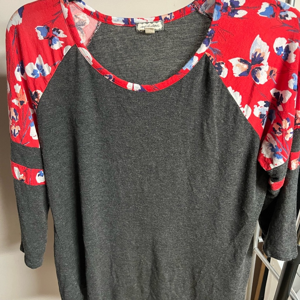 Eyeshadow Gray Top with Red Floral Sleeves
